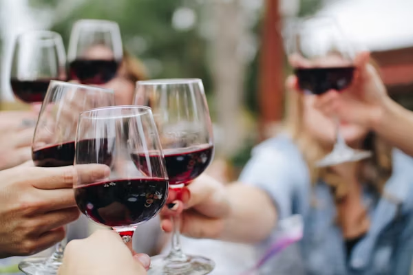  A group of people clink wine glasses.